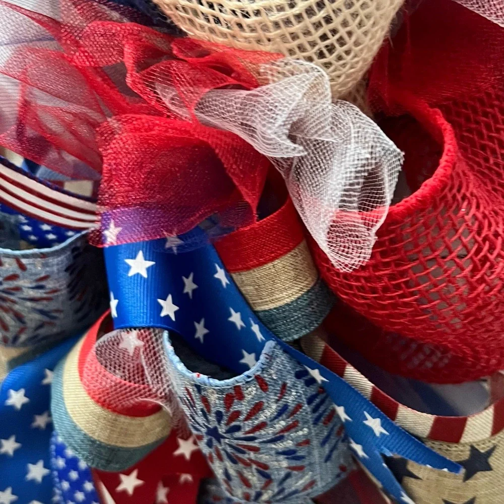 Welcome patriotic wreath, red white and blue mesh ribbon front door wreath.